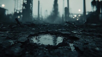 A dark puddle of viscous fluid pools around cracked earth and debris in a desolate, post apocalyptic landscape with faint lights in the distance
