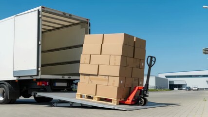 Loading cargo boxes onto delivery truck ramp with pallet jack, logistics in action 4k high quality footage - Powered by Adobe