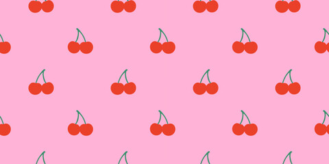 Cherry pattern vector illustration featuring a repeating design of red cherries on a vibrant pink background. Ideal for textiles, wallpapers, and creative projects seeking a cheerful vibe.
