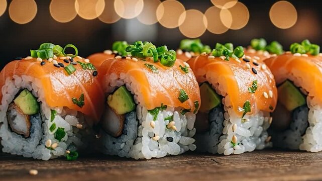 Fresh salmon avocado sushi rolls close up delicious asian cuisine