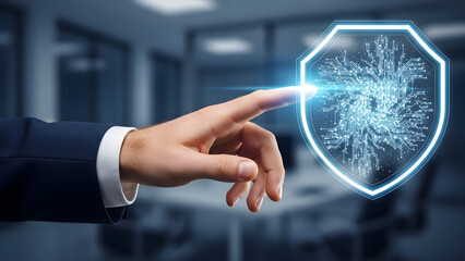Hand touching digital shield with circuitry symbolizing cybersecurity