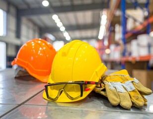Safety equipment including hard hats, gloves and goggles lying on metal shelf in warehouse