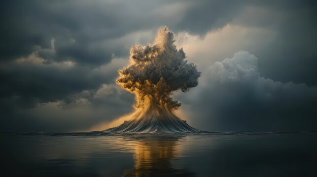 A massive tidal wave cresting under a stormy sky