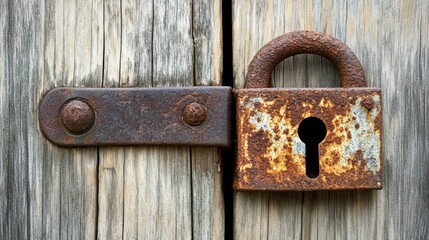 A rusty padlock securing an old wooden door close-up