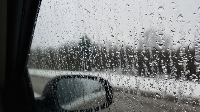 Raindrops on car window with snowy landscape in the background