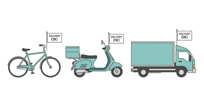 Efficient delivery solutions with bike, scooter, and truck: Perfect for logistics, food, or package delivery services ready to go!