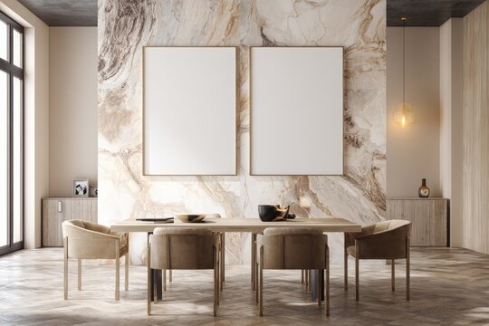 Two blank picture frames hang on a marbled wall above a dining table.