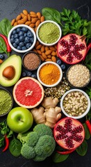 Vibrant Healthy Foods Assortment on Dark Background