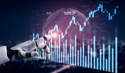 A robotic hand reaches out to manipulate stock market data displayed on immersive digital graphs, showcasing the blend of technology and finance in the modern world. Scalp