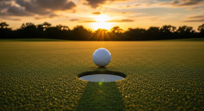 Golf ball on green at sunset by hole