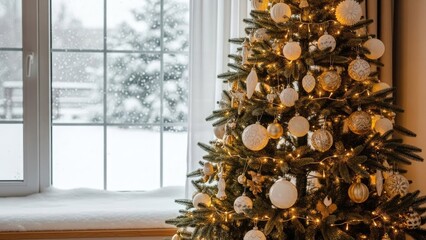 Elegant Christmas Tree with Golden Ornaments by a Snowy Winter Window