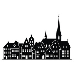 Fototapeta premium Christmas Black silhouette of a European town skyline with diverse building shapes and a church steeple city buildings