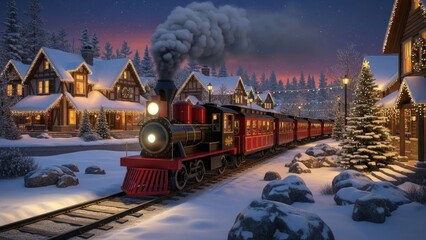 Magical Christmas Village Scene with Festive Steam Train at Twilight