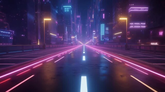 Futuristic City Street at Night with Neon Lights and Tall Buildings image photo