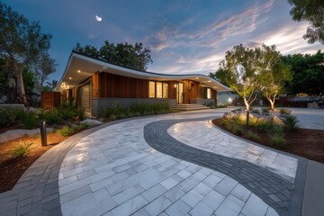 Modern home exterior view at dusk with elegant landscape design and creative lighting highlighting architectural features in a serene setting