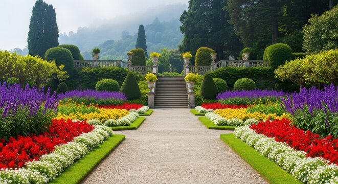 Formal garden with colorful flower beds and stone stairs