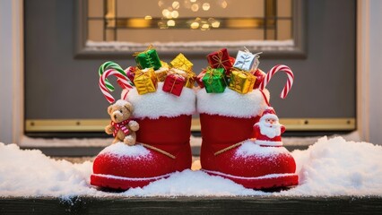 Christmas Morning: Santa Boots Laden with Gifts and Candy Canes on a Snowy Porch