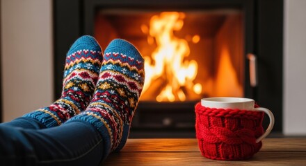 Cozy winter scene with feet by warm fireplace