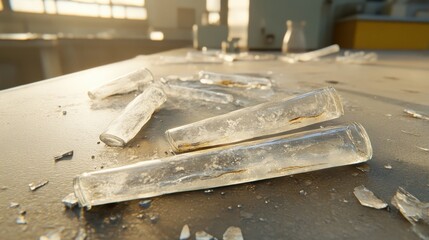 Broken glass vials scattered on a laboratory table