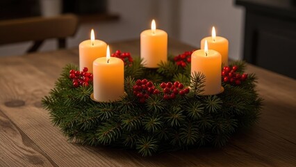 Traditional Advent Wreath with Four Lit Candles on a Wooden Table