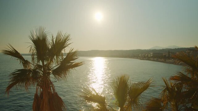 4K French Riviera Nice view of the Promenade from Rauba Capeu quay at sunset slow motion