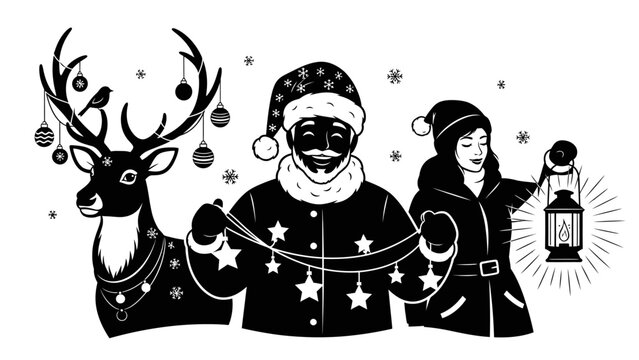 Black and white illustration of Santa Claus, a woman, and a reindeer with Christmas decorations and a lantern.