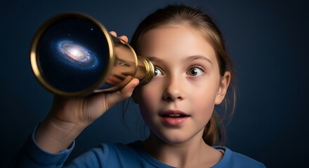 a young girl with surprised expression looks through a golden telescope revealing a vibrant spiral galaxy reflecting within its lens portraying wonder high quality professional detailed