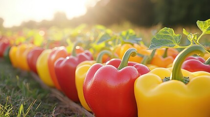 A row of colorful bell peppers in a vibrant field