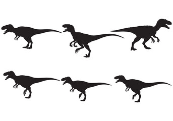 Fototapeta premium Collection of six dinosaur silhouettes in dynamic poses on a white background