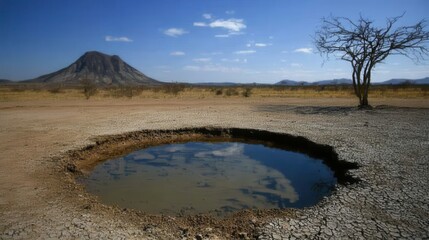A severely depleted water reservoir with a low water level sits in a dry cracked earth landscape under a blue sky with clouds