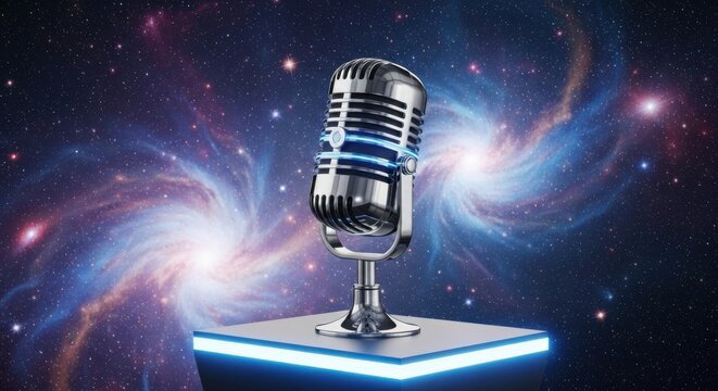 Vintage Microphone in Cosmic Nebula for Podcasts