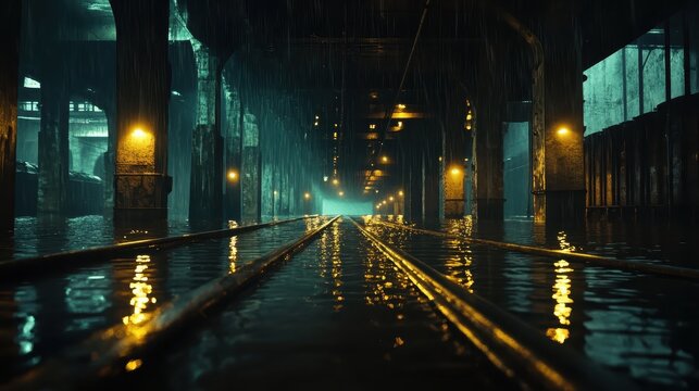 A flooded railway junction at night with tracks submerged under heavy rain and illuminated by glowing streetlights creating dramatic reflections