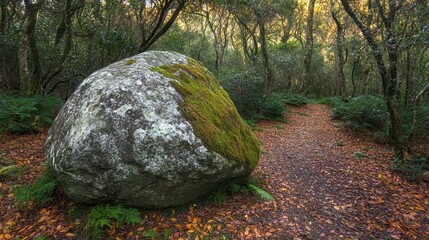 A large moss covered granite boulder rests beside a forest path with fallen autumn leaves and tall trees