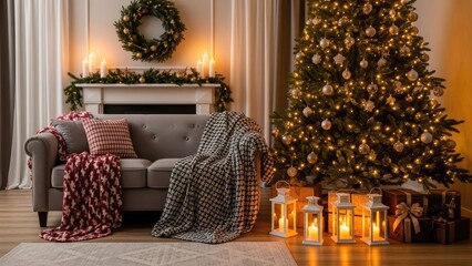 Cozy Christmas Living Room Interior with Decorated Tree and Fireplace Mantelpiece