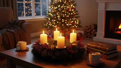 Warm Advent Wreath with Lit Candles in a Cozy Christmas Living Room