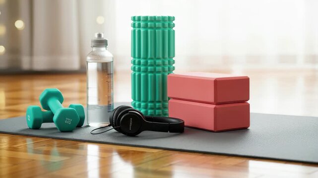 Dynamic fitness setup with weights, foam roller, yoga blocks, headphones, and water bottle on mat 4k high quality footage