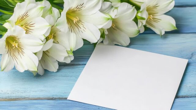 Video A bouquet of white flowers sits next to a card on a blue table, perfect for a romantic gesture or special occasion