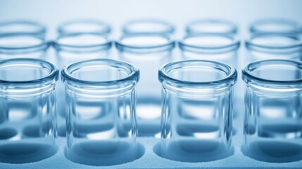 Array of empty sterile glass sample collection vials arranged in a laboratory rack with a bright blue background