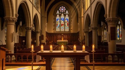 Serene Church Interior with Ornate Stained Glass, Altar Candles, and Sunlight Beams