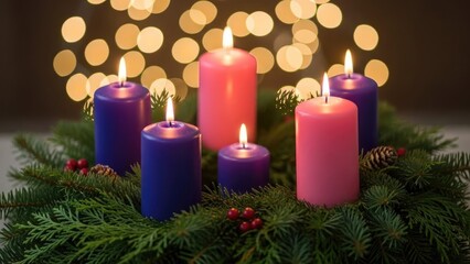 Vibrant Advent Wreath with Lit Candles and Festive Bokeh Background for Holiday and Spiritual Themes