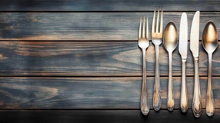 Cutlery with forks and spoon arranged on rustic wooden table