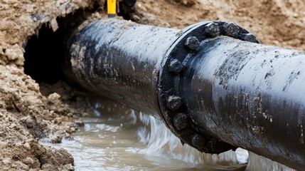 Damaged pipeline leaking water into a ditch