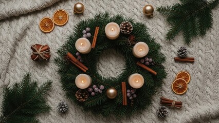 Festive Advent Wreath with Lit Candles and Winter Decor on Cozy Knitted Background
