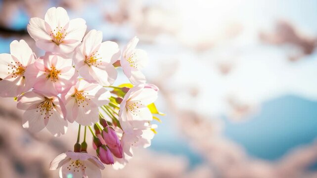 Gentle spring breeze rustles delicate pink cherry blossoms in soft sunlight 4k high quality footage