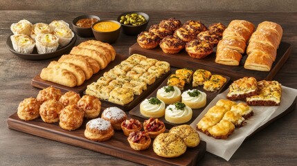 Assortment of delicious breakfast pastries on a wooden table