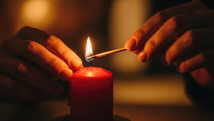 Hands Lighting a Red Candle with Matchstick for Warmth and Serene Ambiance
