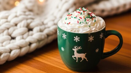 Festive Hot Chocolate Mug with Whipped Cream and Sprinkles on Wood Table with Cozy Background