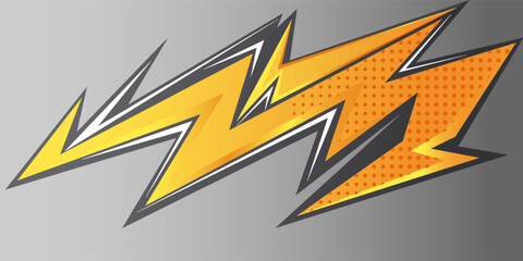 Dynamic yellow and orange lightning bolt cartoon graphic with bold outlines and halftone comic dots, for stickers, decals, sports designs, energetic branding, street art styles, and vibrant vector.