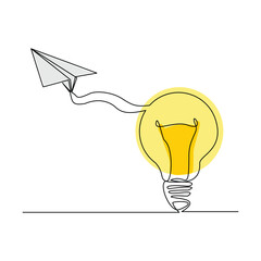 Continuous line sketch drawing of light bulb and paper plane. Single line art of startup business idea vector illustration editable stroke