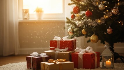 Cozy Christmas Gifts Under Decorated Tree with Sparkling Light and Glowing Lantern